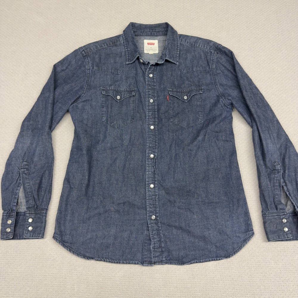 Levis Denim Pearl Snap Shirt Mens Medium Blue Western Cowboy Button Down Casual